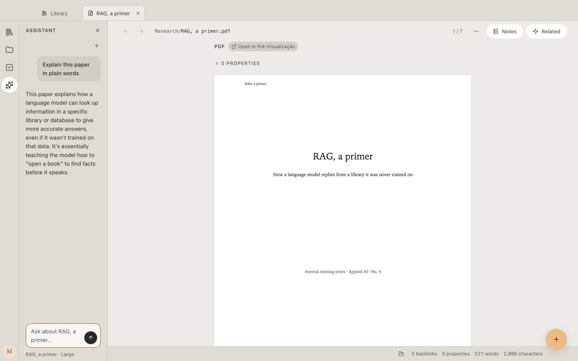 A search with no matching words brings up the RAG primer by its meaning, and the assistant explains it beside the open PDF.