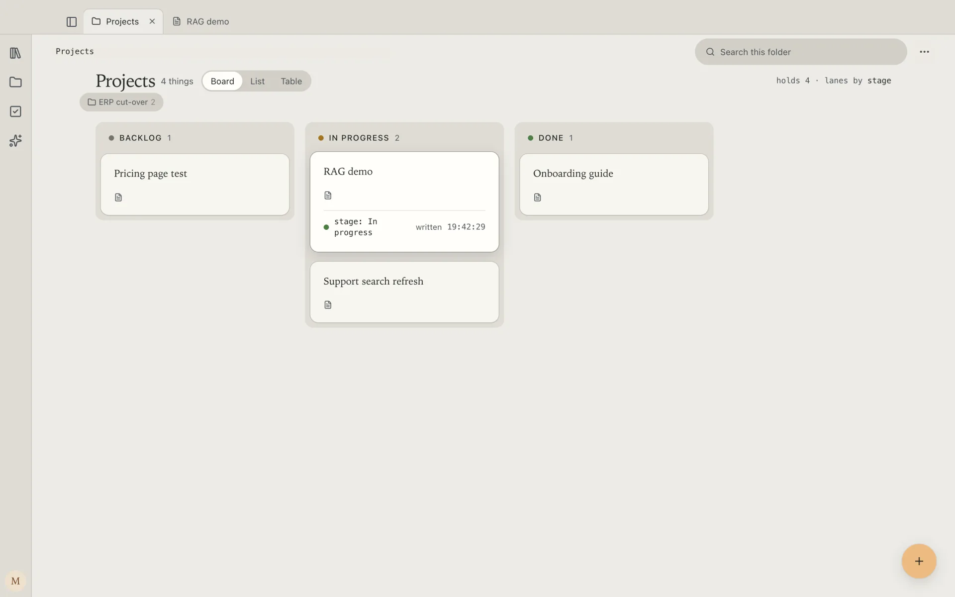 A project note made from a template, its blanks filled and named RAG demo, then dragged from Backlog to In progress on the Projects board.